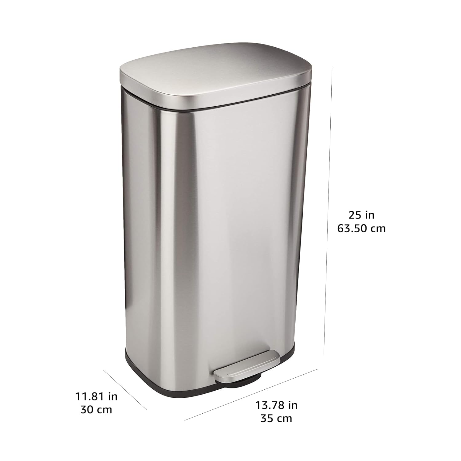 Amazon Basics Smudge Resistant Rectangular Trash Can With Soft-Close Foot Pedal, Brushed Stainless Steel, 30L/7.9 Gal, 13.8x11.8x25 in, Satin Nickel Finish
