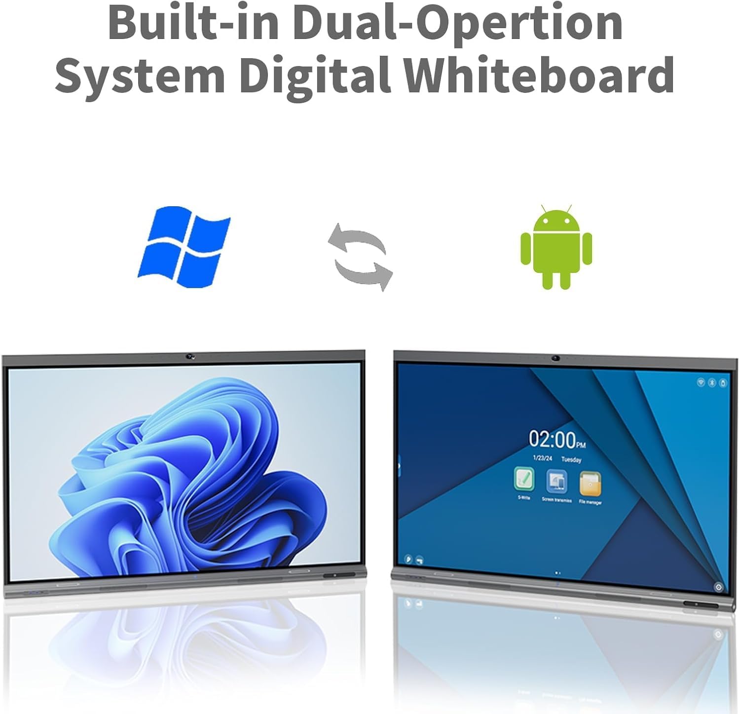 Tiburn INSPUR 65" Ultra 4K UHD Smart Board | Android 13 & Windows 11 Pro Dual OS, 8-Line Array Mic, Auto-Framing Webcam, Enterprise whiteboard for Office, Classroom, Conference Wall Mount Included