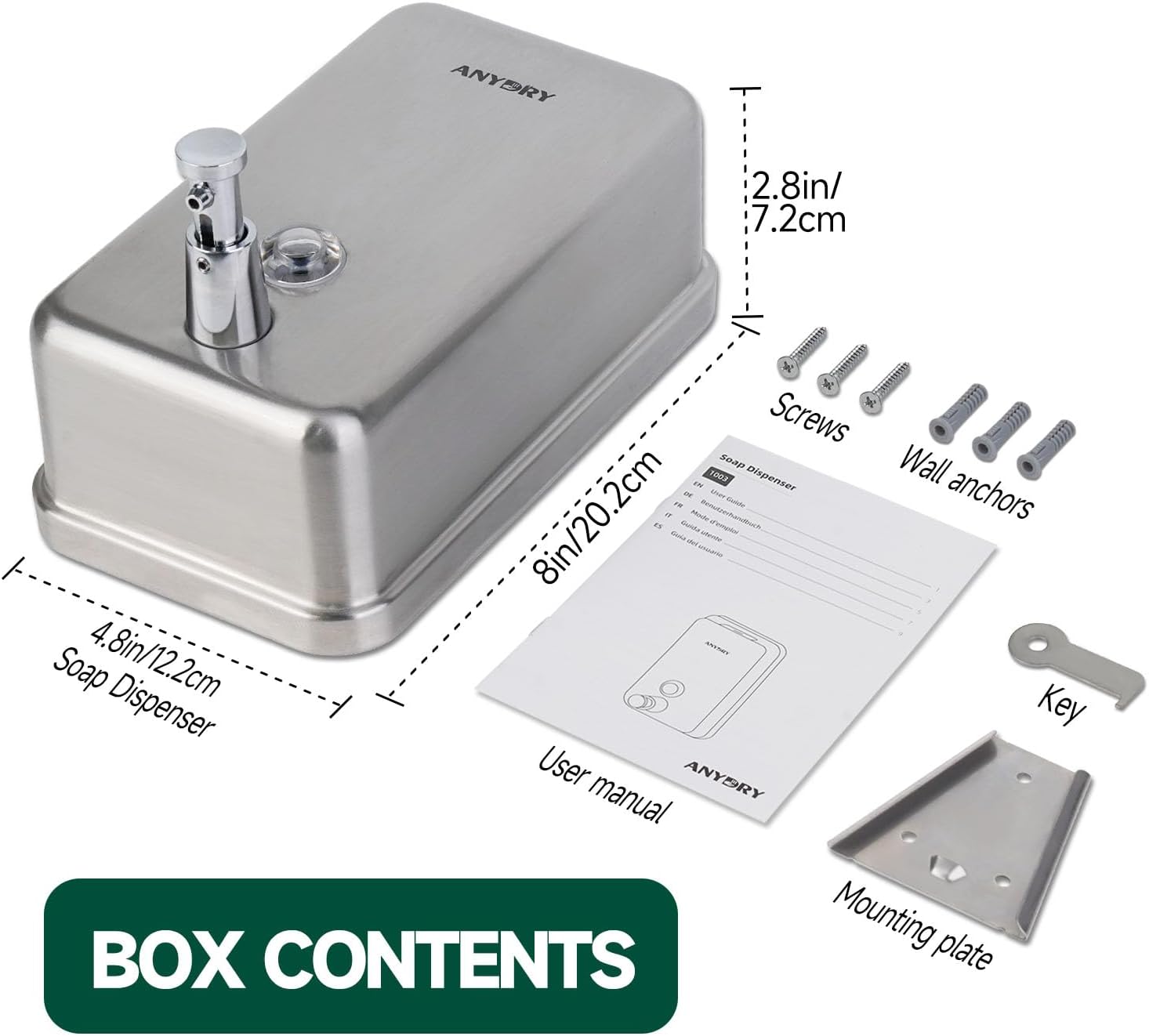 Commercial-Grade Manual Soap Dispenser, Durable Brushed Stainless Steel Finish, 37oz (1100ml) Liquid, Wall-Mounted for Bathroom & Kitchen