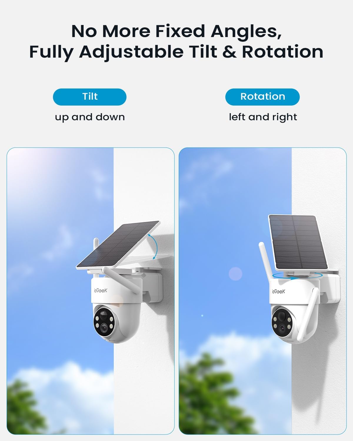 ieGeek 2 Pack S5 Solar Security Camera Wireless Outdoor – 2K 3MP WiFi Camera with Removable Solar Panel, 360° Pan Tilt, Color Night Vision, AI Detection, 2-Way Audio, IP65 for Home Security