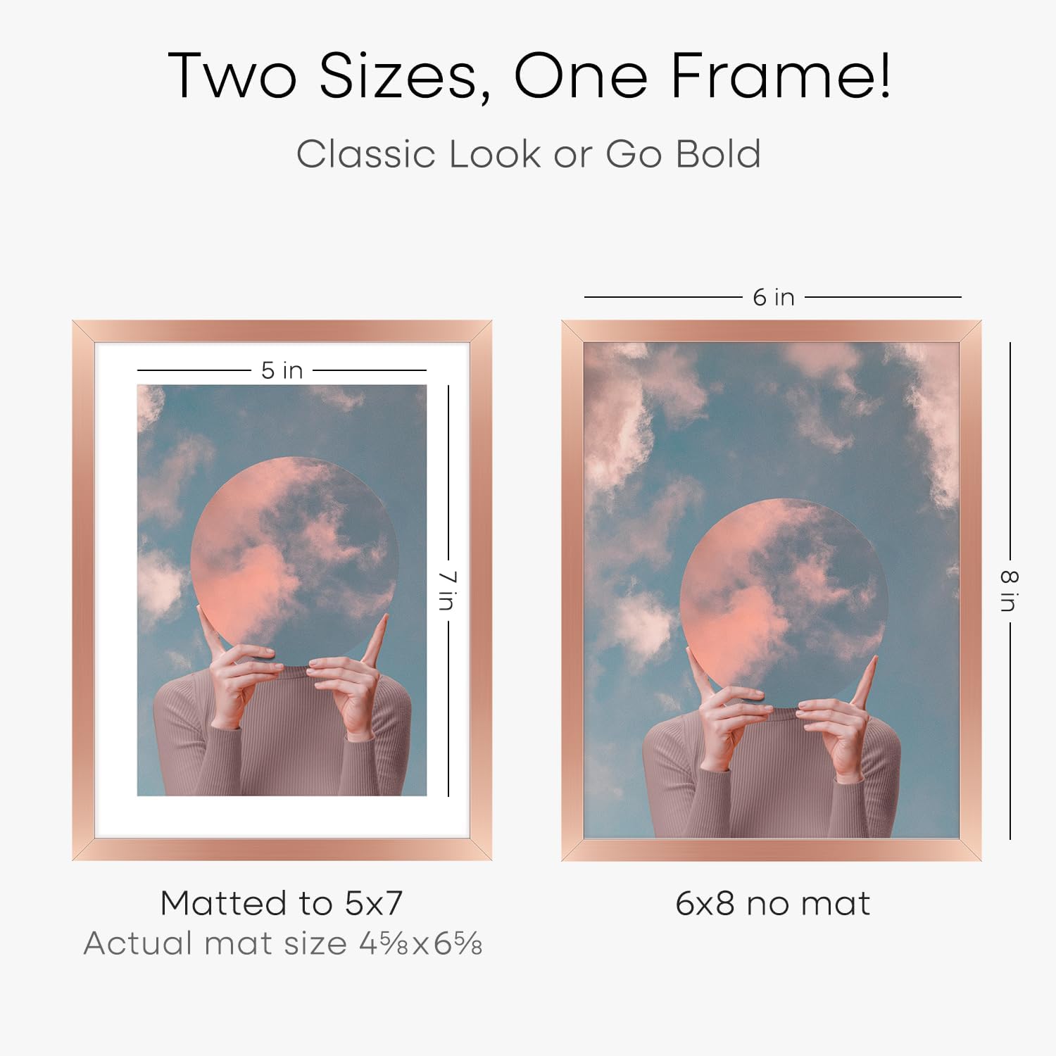 Homeforia Rose Gold 6x8 Picture Frame, High End Metal 6 x 8 Frames with Mat 5 x 7 for Print, 6by8 Desk Frame Matted to 5x7 inch Photo, 6 by 8 Wall or Tabletop Frame, Tempered Glass, Wall Kit, Set of 1