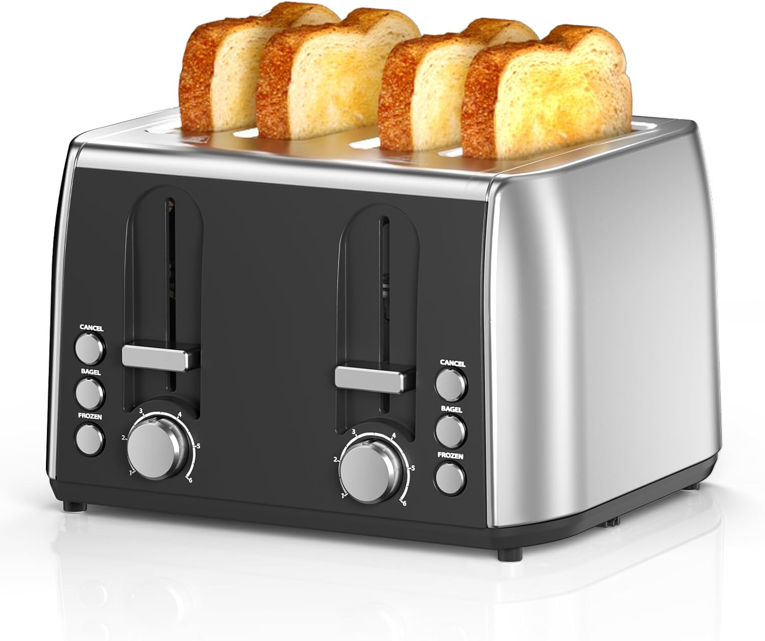 Cowsar 4 Slice Toaster, Compact Toaster with Extra Wide Slots for Toasting Bread, Bagel, Cancel/Bagel/Defrost Function, Dual Independent Controls, 6 Shade Settings, Removable Trays, Brushed Stainless