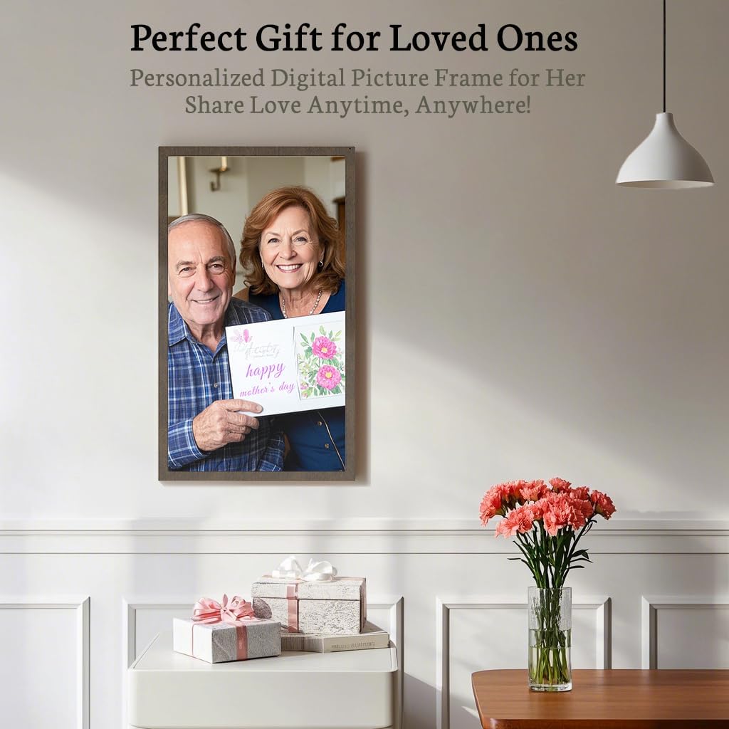 BSIMB Large Digital Picture Frame 32 Inch, 64GB 1920x1080 FHD WiFi Digital Photo Frame Electronic, Wall Mount Included, Share Pictures/Videos via App Easy Setup Gifts for Mom(Non-Touch), Dark Wood