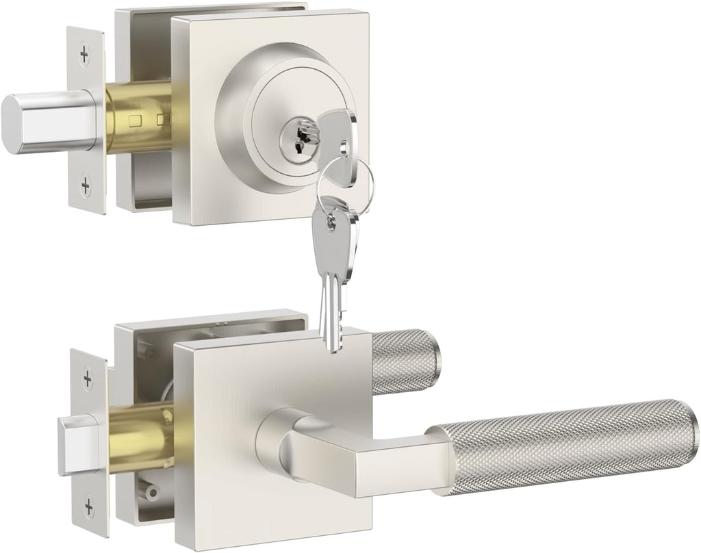 Asidrama Premium Brushed Satin Nickel Zinc-Alloy Front Door Lock Set: Double Cylinder Deadbolt, Heavy Duty Security Handleset for Left/Right Exterior Doors, Universal Entry Locks (2 Pack)
