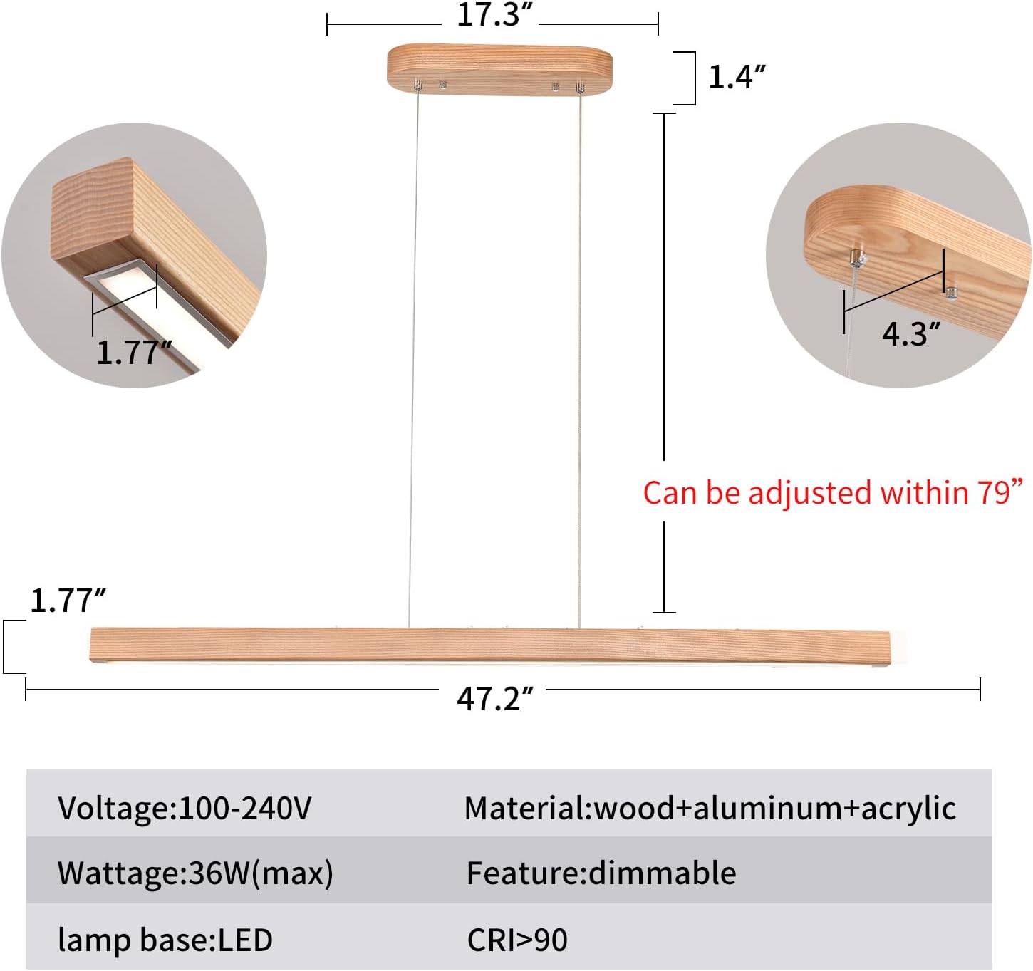 47" 36W 1-Light Wooden Led Linear Pendant Light Dimmable Led Chandelier Ceiling Hanging Light Fixtures Modern Chandeliers for Dining Room Kitchen Island Pool Table Lights Natural
