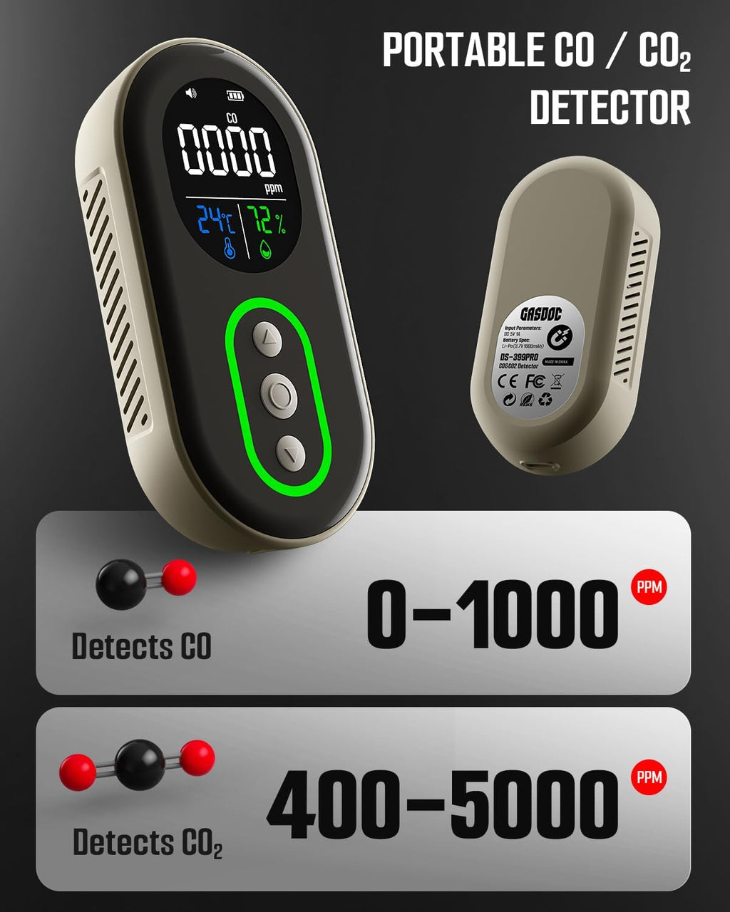 DS-399PRO Carbon Monoxide and Carbon Dioxide Detectors, 4-in-1 Portable CO2 & CO Detector with Audible & Visual Alarm, Rechargeable CO & CO2 Meter for Home, Travel, Camping, Car, 72H Standby