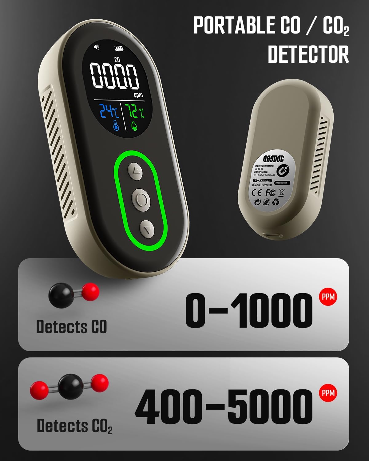 DS-399PRO Carbon Monoxide and Carbon Dioxide Detectors, 4-in-1 Portable CO2 & CO Detector with Audible & Visual Alarm, Rechargeable CO & CO2 Meter for Home, Travel, Camping, Car, 72H Standby