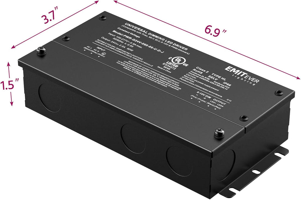 EMITEVER Dimmable Led Driver, 2 Packs 60W AC 110V-277V to DC 24V Transformer, 5-in-1 Dimming: ELV/MLV/TRIAC / 0-10V / 1-10V / 10V PWM/Potentiometer, Waterproof IP67 and UL Listed,Class 2
