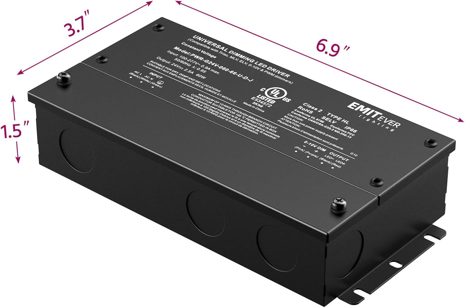 EMITEVER 60W Dimmable LED Driver, 24V Triac Dimmable Power Supply, AC to DC Transformer for LED Light, Compatible with Lutron and Leviton Dimmer, Waterproof IP67 and UL Listed, Class 2