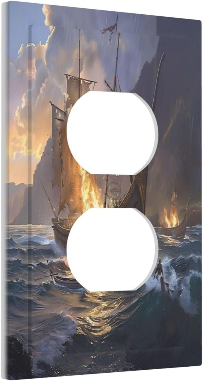 Outlet Covers Medieval Vintage Sailing Adventure Sailings Ocean Waves 1 Gang Duplex Light Switch Cover Plate Decorative Switch Plate Covers Electrical Socket Cover for Bedroom Cabin Decor