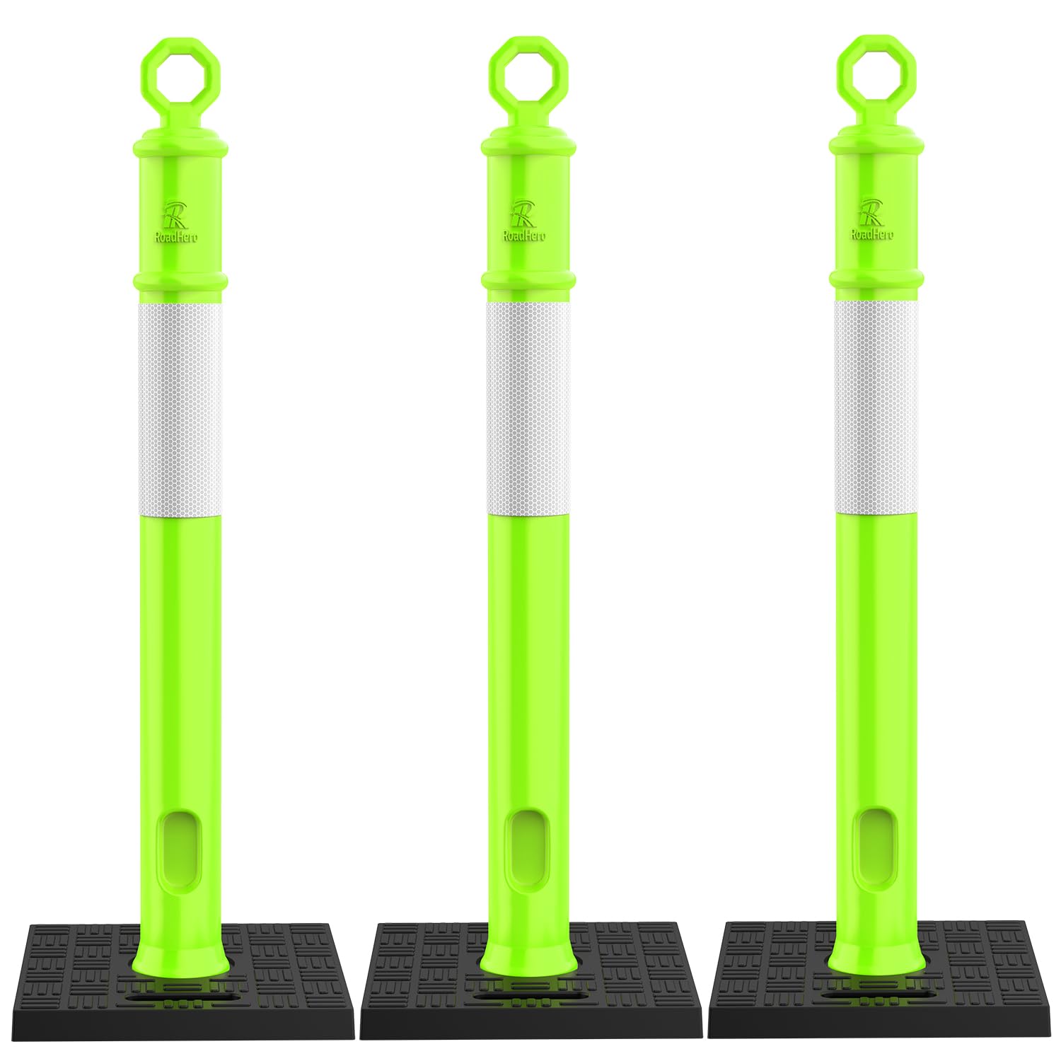 RoadHero 45 Inch Delineator Post with Base, Portable Lime Green Traffic Delineator Posts Cones with Reflective Collars for Parking Lots, Road Safety, Construction Events 3 Pack