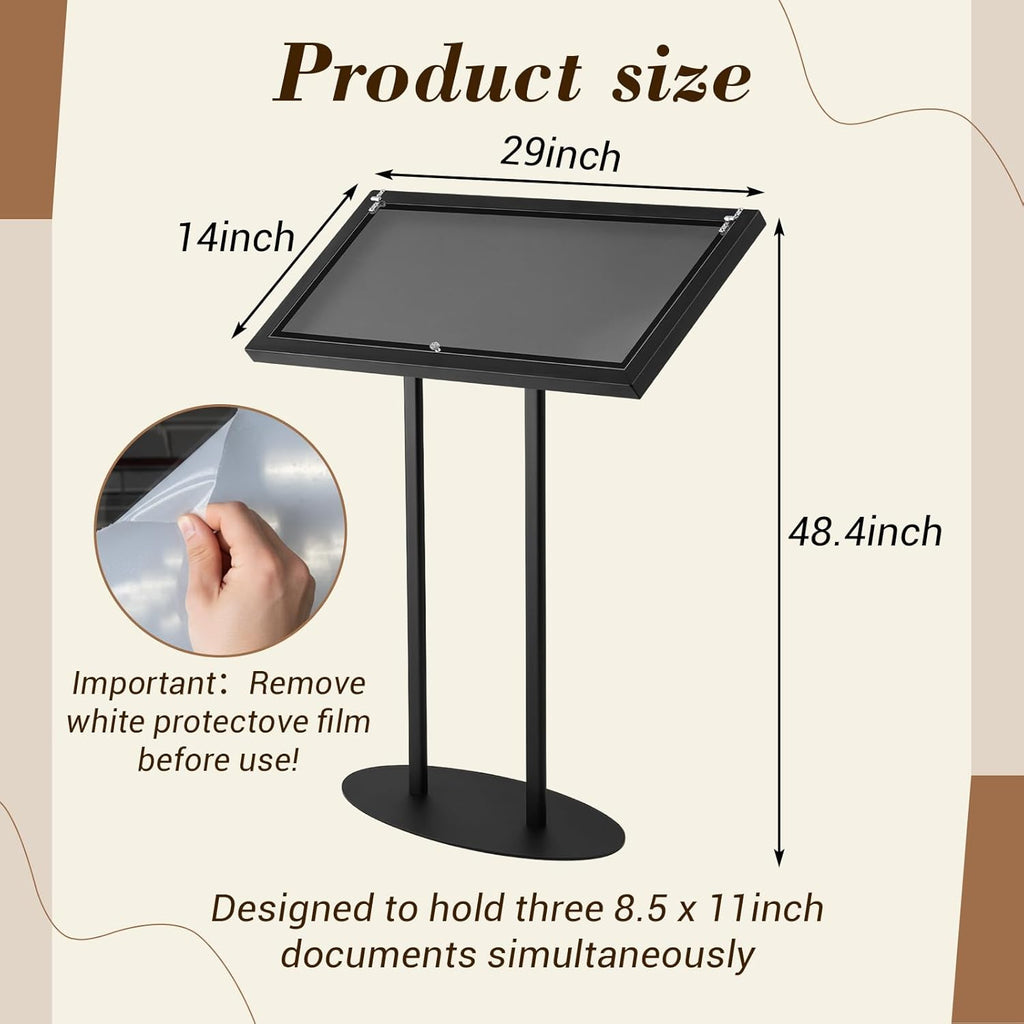 Metal Enclosed Bulletin Menu Board, 3 x (8.5 x 11) Inches Freestanding Menu Stand Menus Holder Floor Standing, Pedestal Advertising Display with Cover, 14 Magnetic Clasp Included, Black