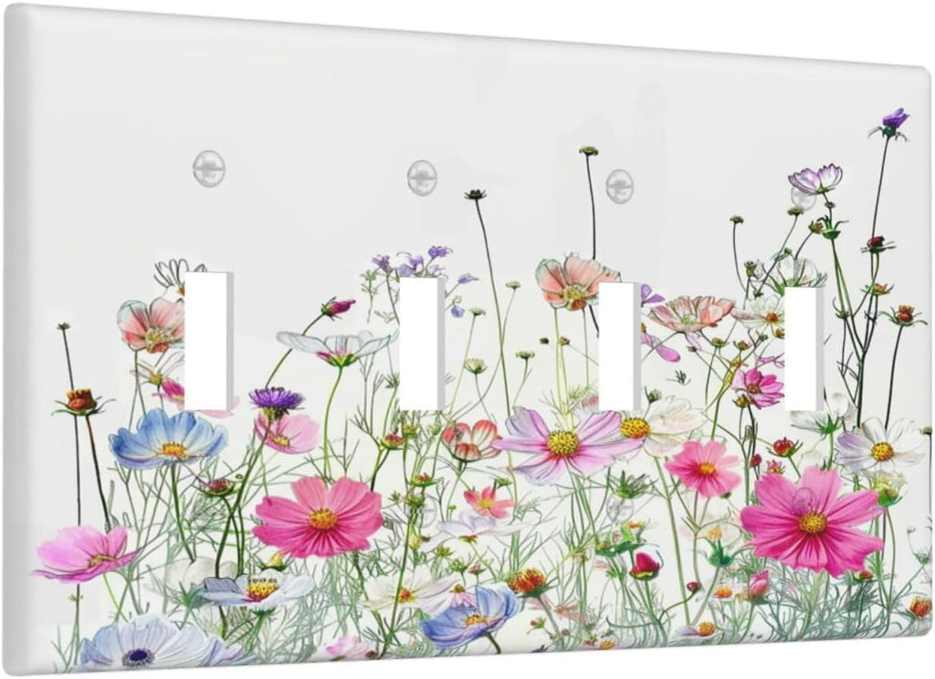 Light Switch Covers Boho Colorful Flowering Plant Wild Flower Quad Toggle Electrical Faceplate 4 Gang Wall Plate Decorative Switch Plates For Bed Room Living Room Decor