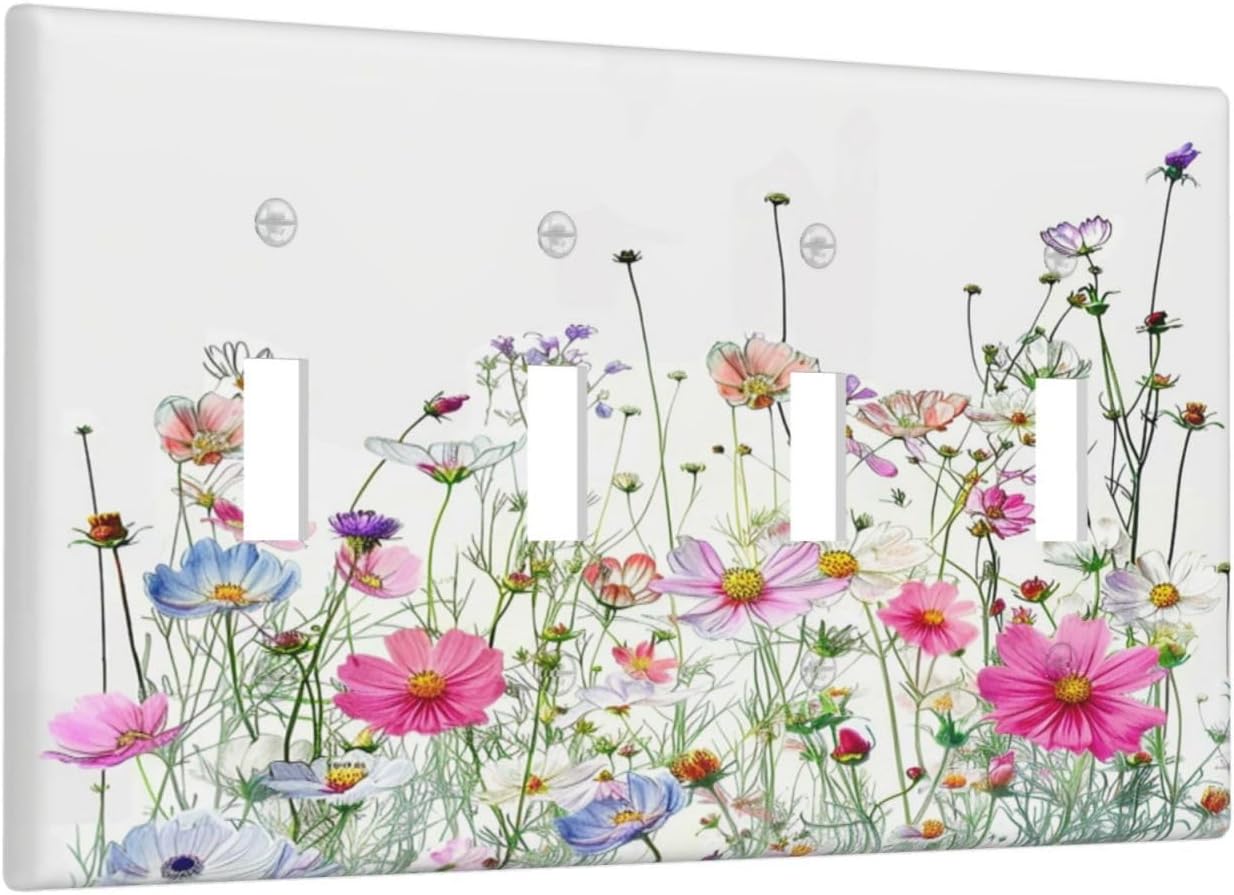 Light Switch Covers Boho Colorful Flowering Plant Wild Flower Quad Toggle Electrical Faceplate 4 Gang Wall Plate Decorative Switch Plates For Bed Room Living Room Decor