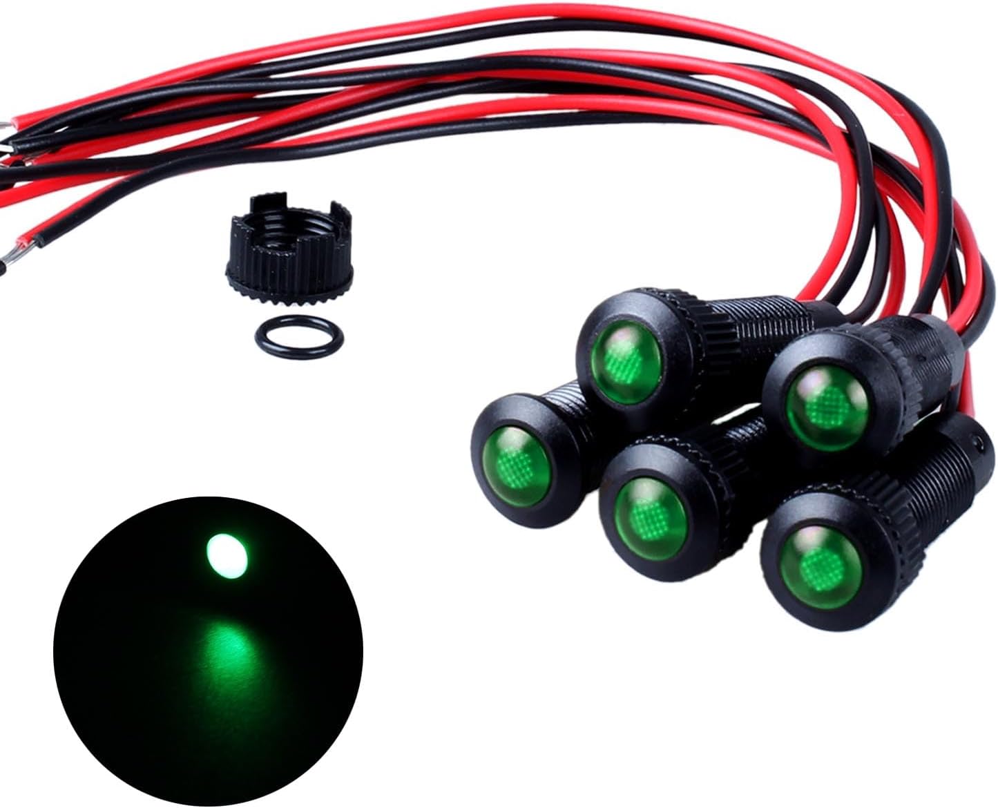 5pcs 8mm LED Indicator Light Plastic Black Signal Dot Lamp 110-220VAC 5/16" Mounting Hole Size with 15cm/5.9in. Wire (Green LED)