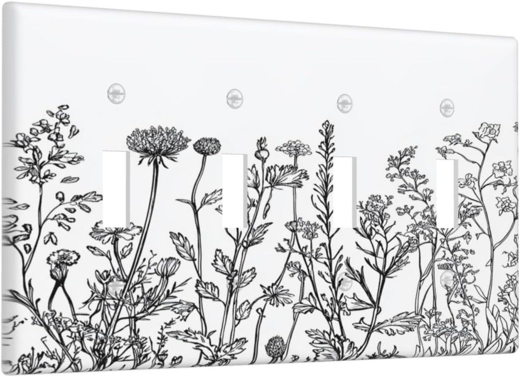 Light Switch Covers Floral Wildflower Rustic Plant Leaves Quad Toggle Electrical Faceplate 4 Gang Wall Plate Decorative Switch Plates For Farmhouse Cabin Decor
