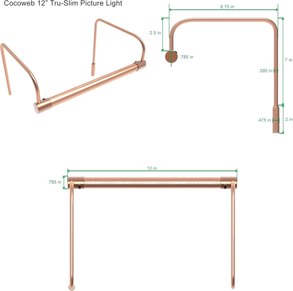 Cocoweb 12 Inch Tru-Slim Copper Picture Light - LED, 2700K, Adjustable Arm, Plug-in, Toggle Switch, Sleek and Compact Design