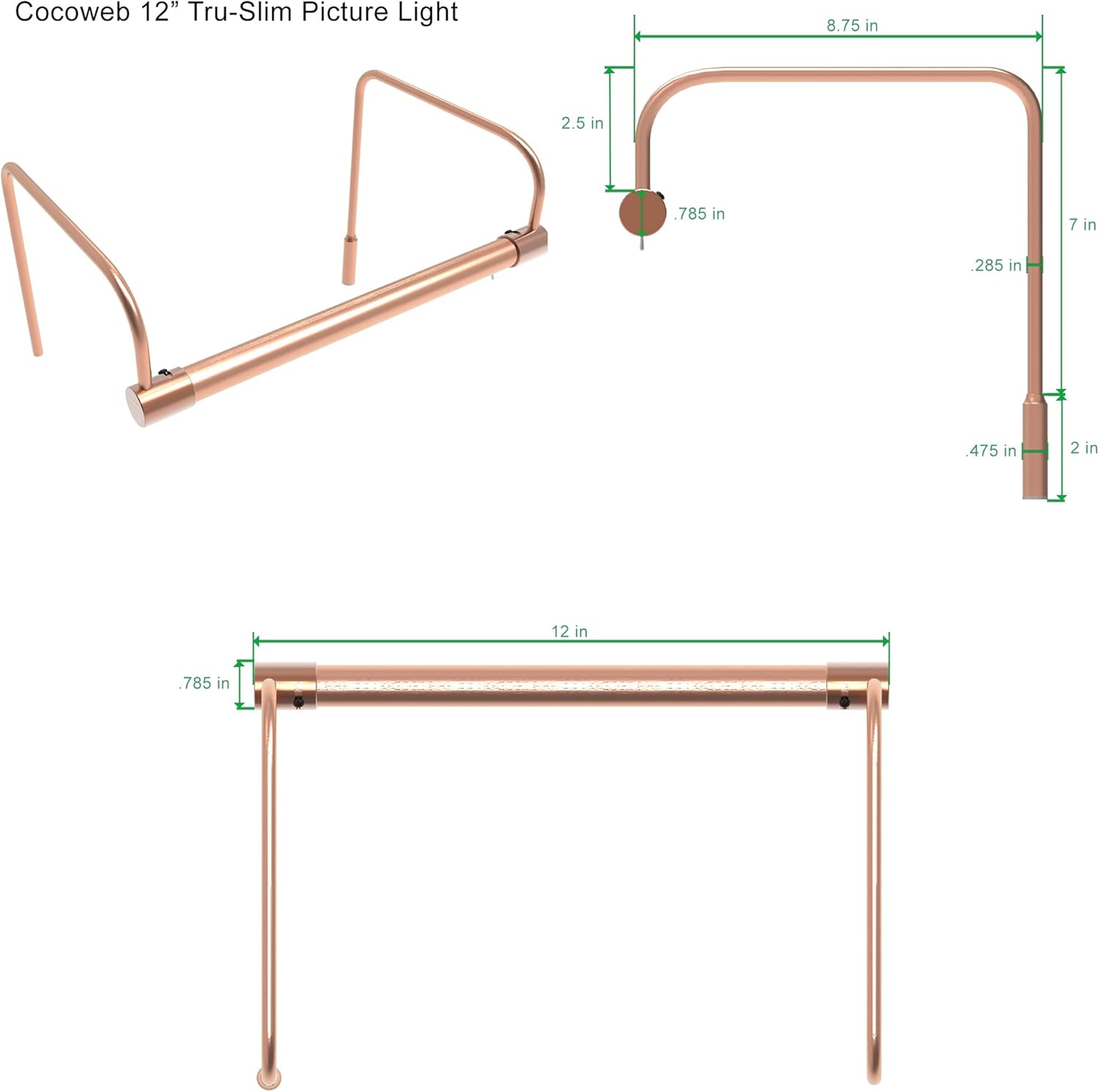 Cocoweb 12 Inch Tru-Slim Copper Picture Light - LED, 2700K, Adjustable Arm, Plug-in, Toggle Switch, Sleek and Compact Design