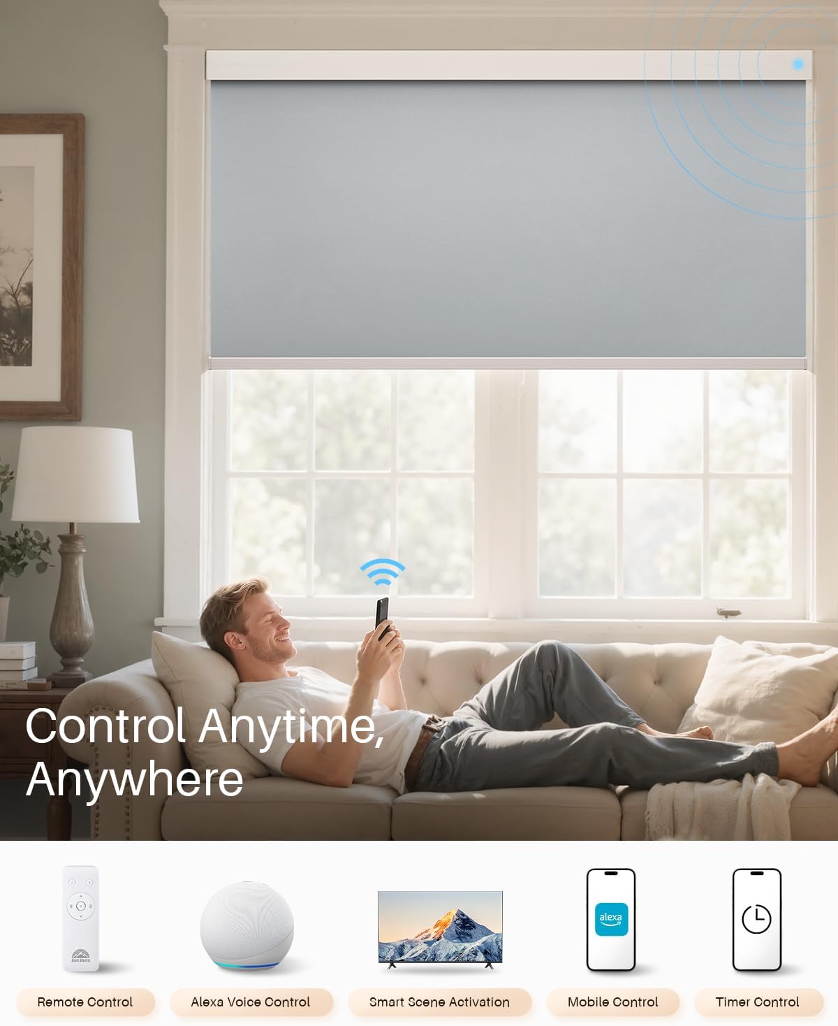 Smart Roller Shades for Windows, Alexa Blackout Motorized Blinds with Remote Control, Easy Install Automatic Electric Blinds for Indoor (28" W x 72" H, Gray Fabric & White Shell)