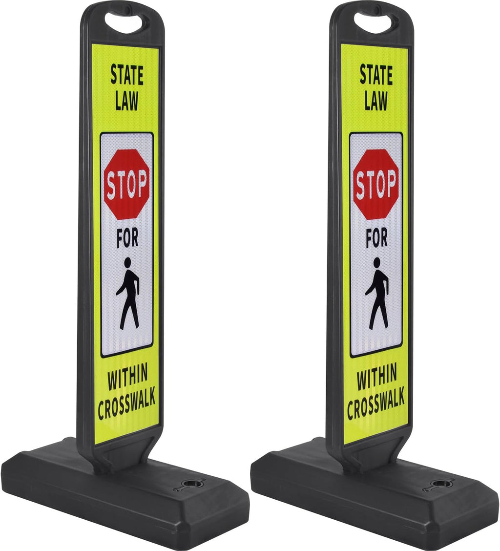 2 Pack 43" x 9.6" inch Double Sided Pedestrian Crosswalk Sign, 21.8" x 9.6" x 4" Durable HDPE Water Filled Base, Portable High Visibility Reflective Traffic Safety Parking STOP Signs (Yellow Green-2Pack)