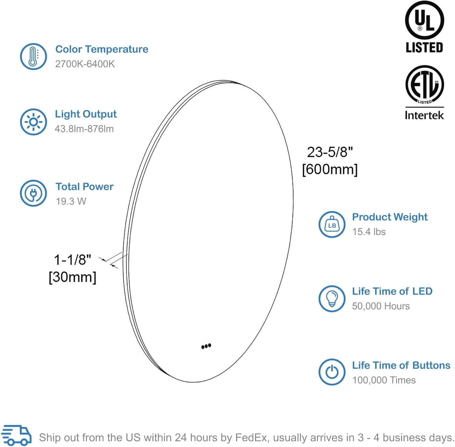 Blossom 24 Inches Large Modern LED Round Bathroom Vanity Mirror, Color Temperature Adjustable, Anti-Fog Dimmable Lights, Easy to Install, Wall Mounted Makeup Mirror with Smart Touch Button