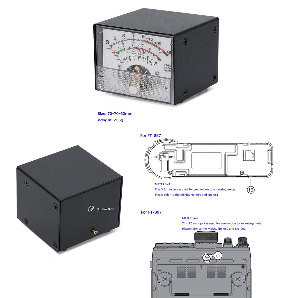 FT-857/FT-897 Analog Panel Meter, Black, Multi-Function S-Meter/PWR/SWR Display, 70x70x62mm, with 3.5mm Jack Connection