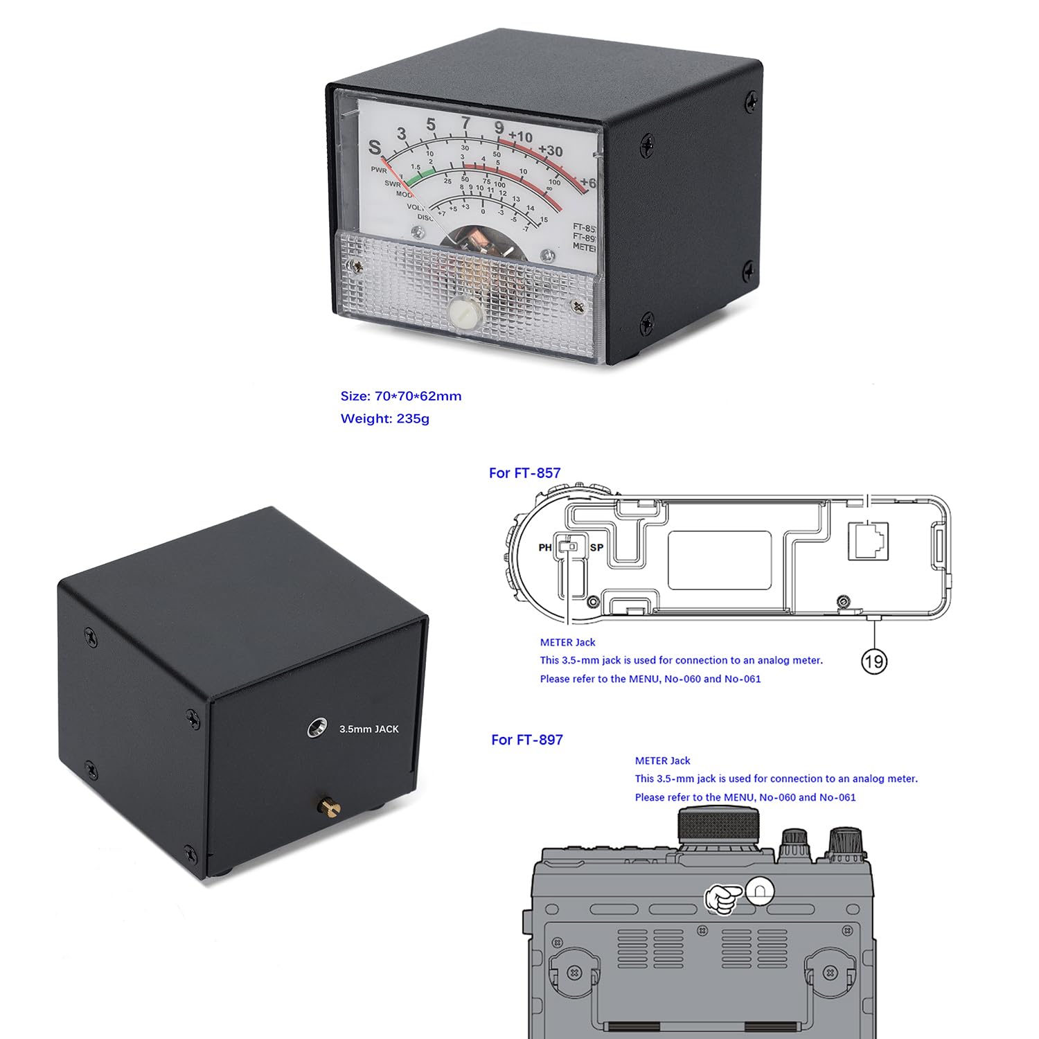 FT-857/FT-897 Analog Panel Meter, Black, Multi-Function S-Meter/PWR/SWR Display, 70x70x62mm, with 3.5mm Jack Connection