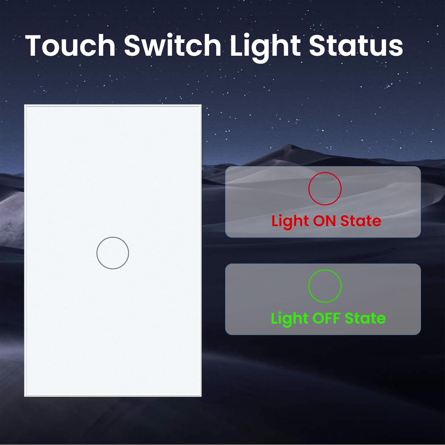 2 Way Light Switch 118X72X34MM No Neutral Wire, Wall Touch Switch 1000W, Tempered Glass Panel, FCC, White 1 Gang