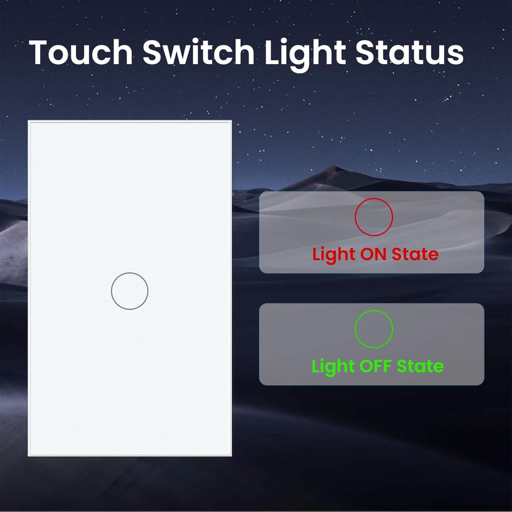 2 Way Light Switch 118X72X34MM No Neutral Wire, Wall Touch Switch 1000W, Tempered Glass Panel, FCC, White 1 Gang