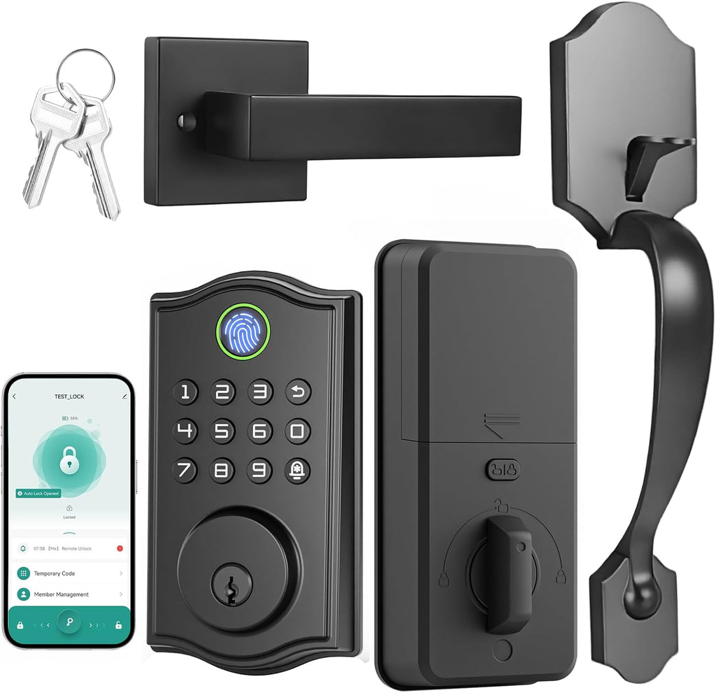 Smart Front Door Lockset, Keyless Entry Deadbolt with Handle, Fingerprint/App/Code/Key Unlock, Anti-Peeping Keypad, Auto-Lock, Easy Install
