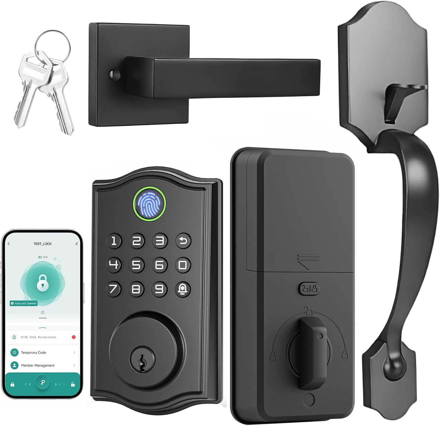 Smart Front Door Lockset, Keyless Entry Deadbolt with Handle, Fingerprint/App/Code/Key Unlock, Anti-Peeping Keypad, Auto-Lock, Easy Install