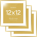 Homeforia 12x12 Picture Frame Gold, High End Metal 12 x 12 Square Poster Frame with Mat 10 x 10 Photo, 12x12 Frame Matted to 10x10 Print, 12by12 Gold Hanging Frames, Tempered Glass, Wall Kit, Set of 3