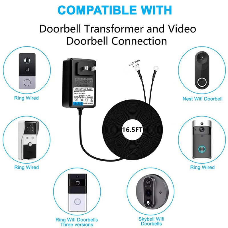 18V Video doorbell Power Adapter for Video Doorbell, Ring Video Doorbell Pro and Ring Video Doorbell 2,Transformer Compatible with Zmodo Smart Doorbell and Nest Hello Doorbell(16.5Ft Cord Black)