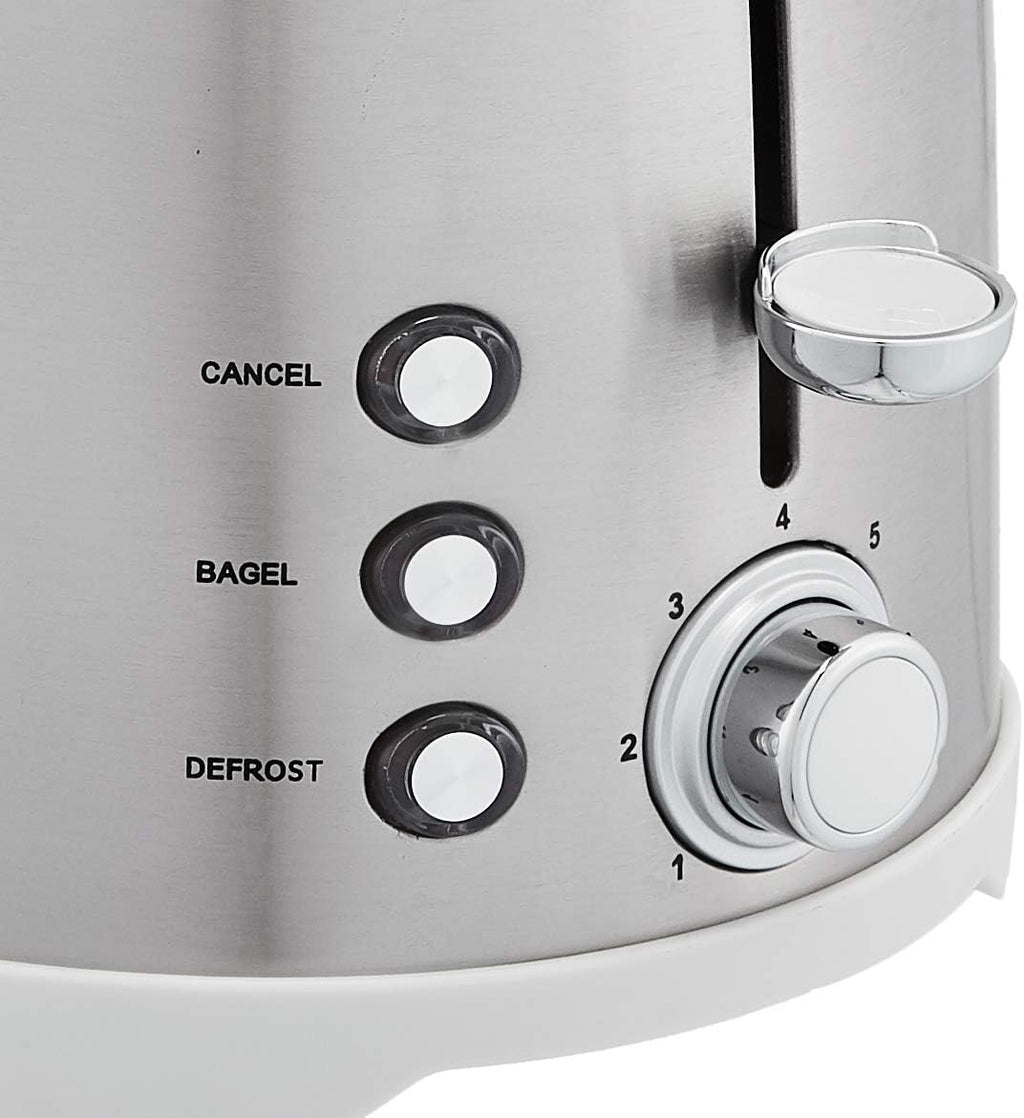 Amazon Basics 2 Slice Cool Touch Stainless Steel Toaster with 7 Browning Settings, Extra Wide Slots (for Bagels, Waffles, Specialty Breads), Removable Crumb Tray, Cancel Button, 800W, Brushed Silver