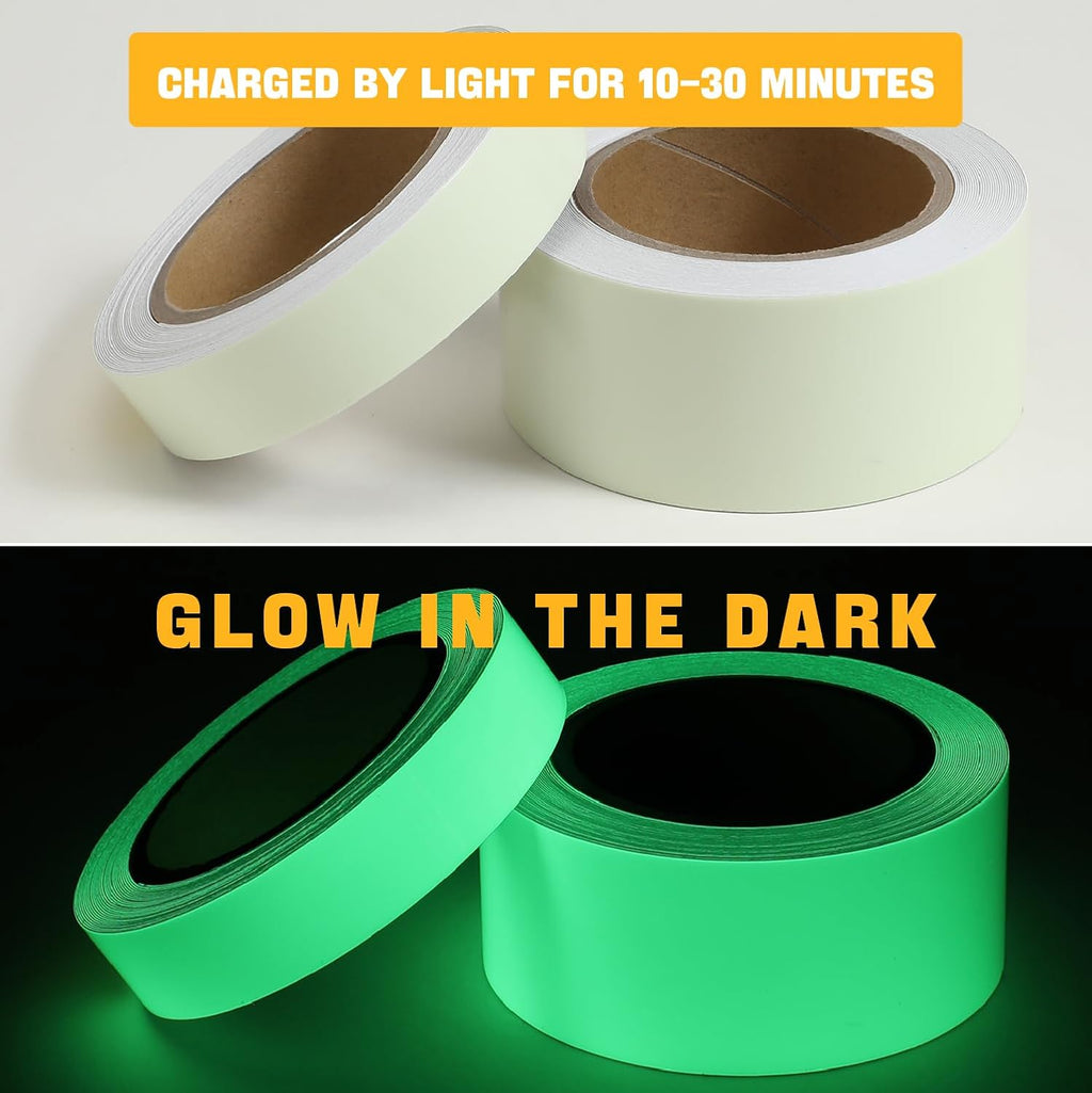 High Brightness Glow in The Dark Tape for Safety Marking, Art Craft DIY, Christmas Deco and Party Accessories. Non-Toxic Adhesive, Waterproof Rechargeable Luminous Tape (2in X 30Ft)