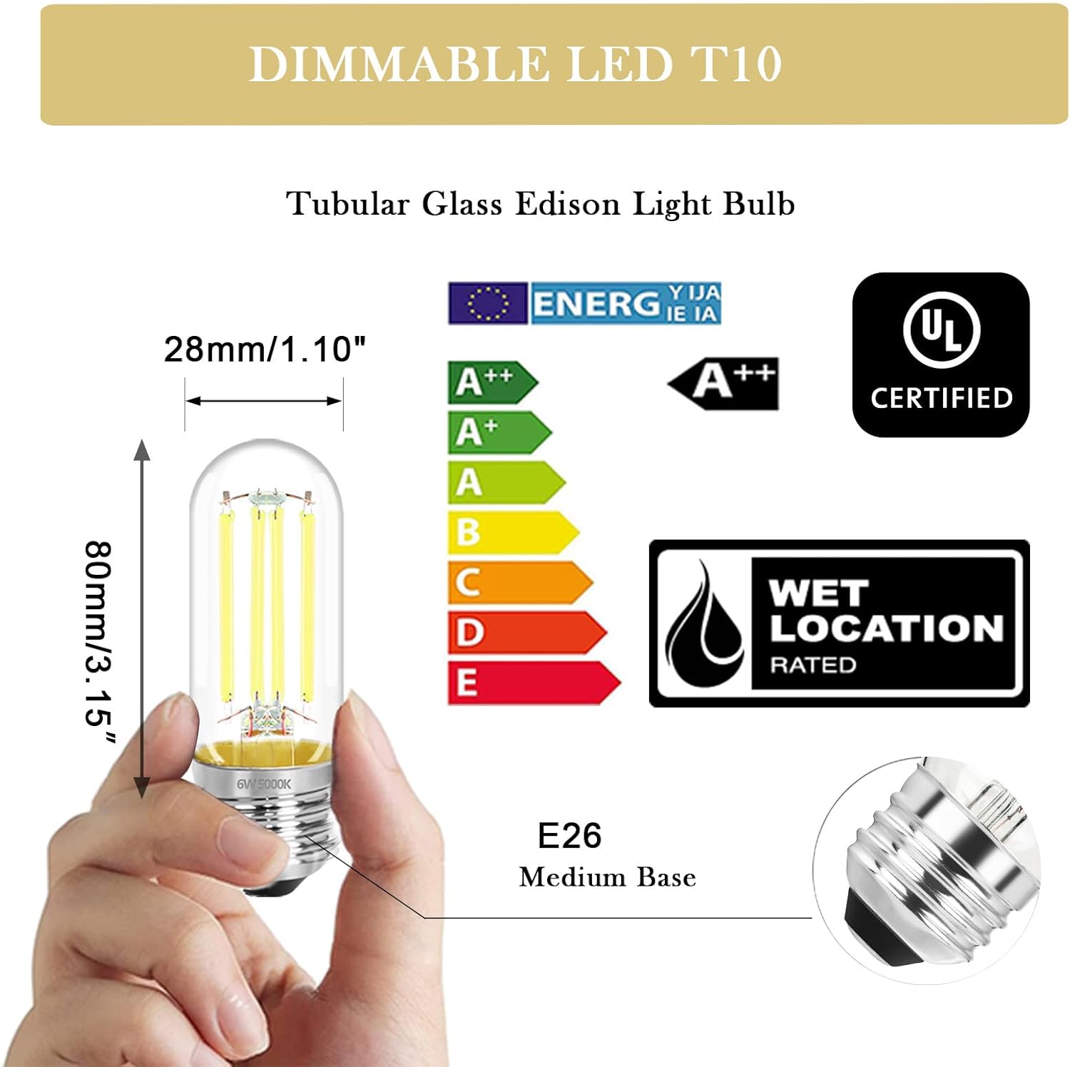 3.2 Inch 5000K Daylight White E26 LED Bulb 60 Watt Equal, AC 120V 600LM Edison Bulbs Dimmable, 6W T10 T30 Filament Light Bulbs Clear Glass for Fan Pendant Wall Light, UL Listed-6 Pack