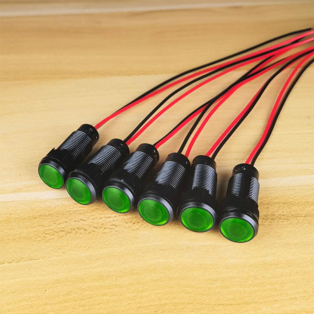 6pcs Green LED Indicator Pilot Light AC/DC 12-24V Mounting Hole Size 10mm(Flame Retardant Plastic Shell)