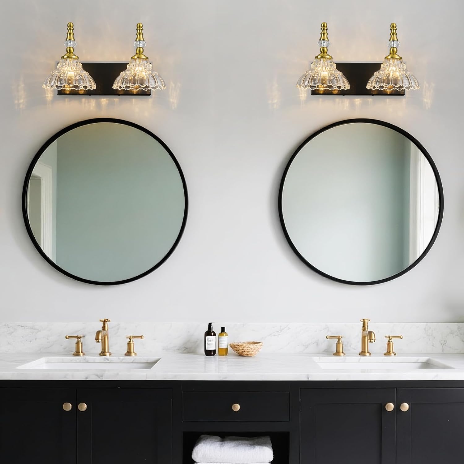 Vintage Bathroom Vanity Light, 2-Light Black Gold Vanity Lighting Fixture with Flower Glass Shade, Bathroom Lighting Fixtures Over Mirror