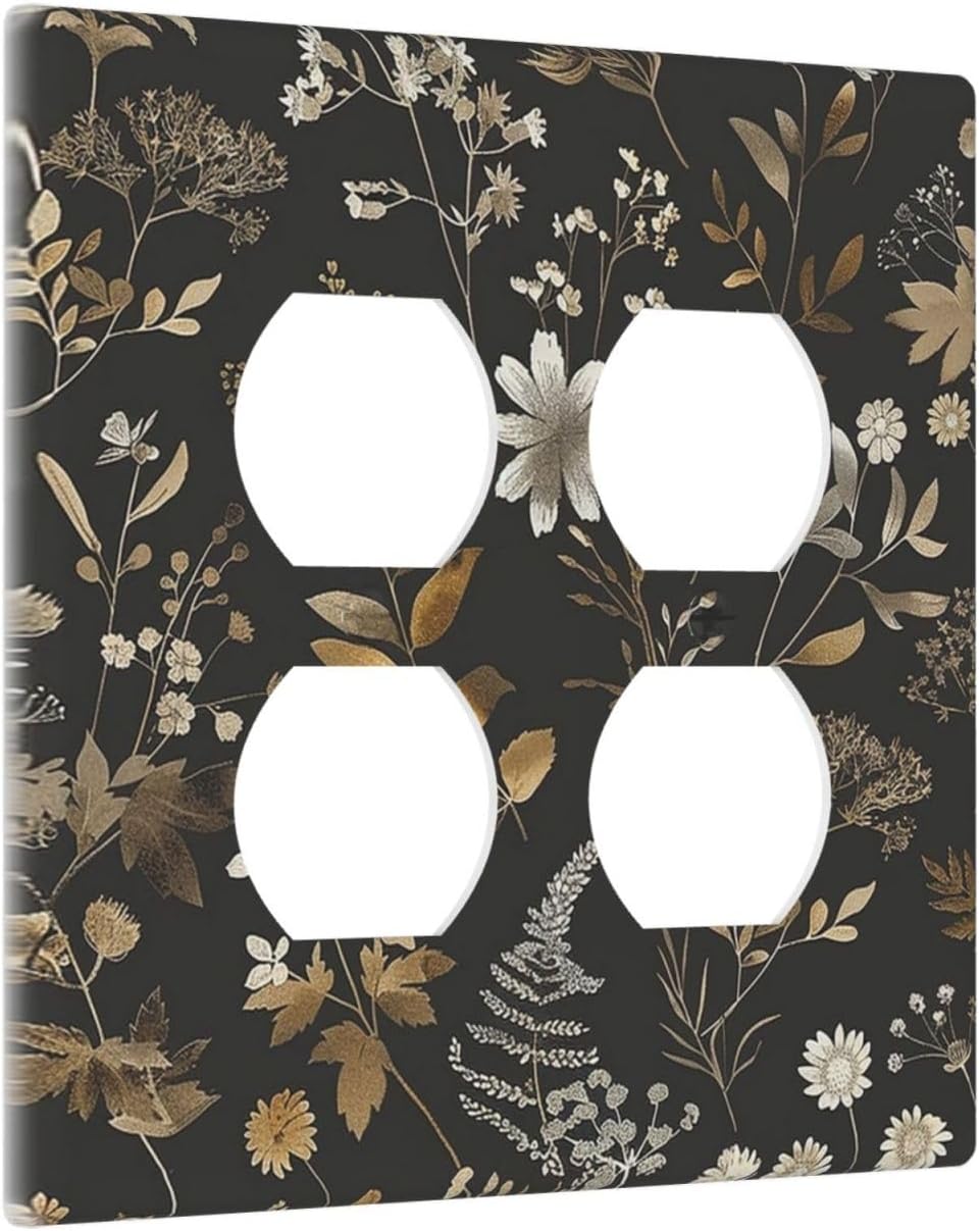 Outlet Covers Black Gold Floral Dark Leaves Vintage Flowers 2 Gang Double Duplex Decorative Light Switch Covers Electrical Wallplates Socket Faceplate for Bed Room Home Decor