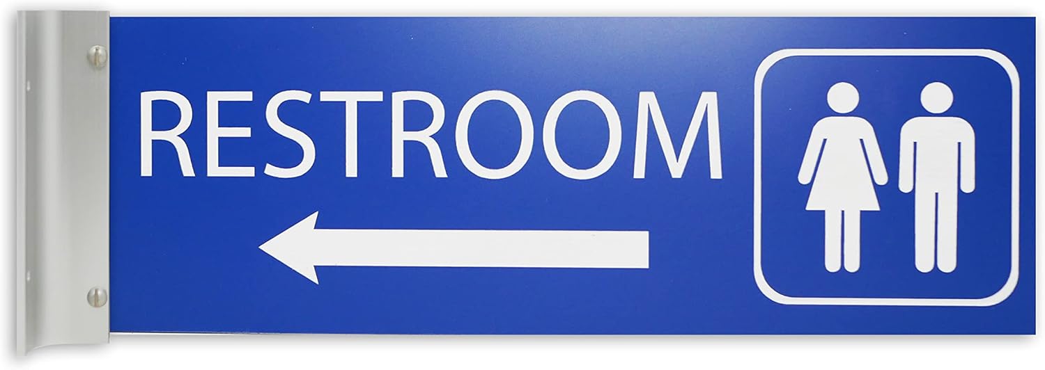ALPHA DOG SIGNS Corridor Projecting Hallway Bathroom Sign, Left Arrow, 4"x12" Double Sided, Indoor/Outdoor, Easy Install, Durable Business Wayfinding Plaque, USA-Made (Blue)