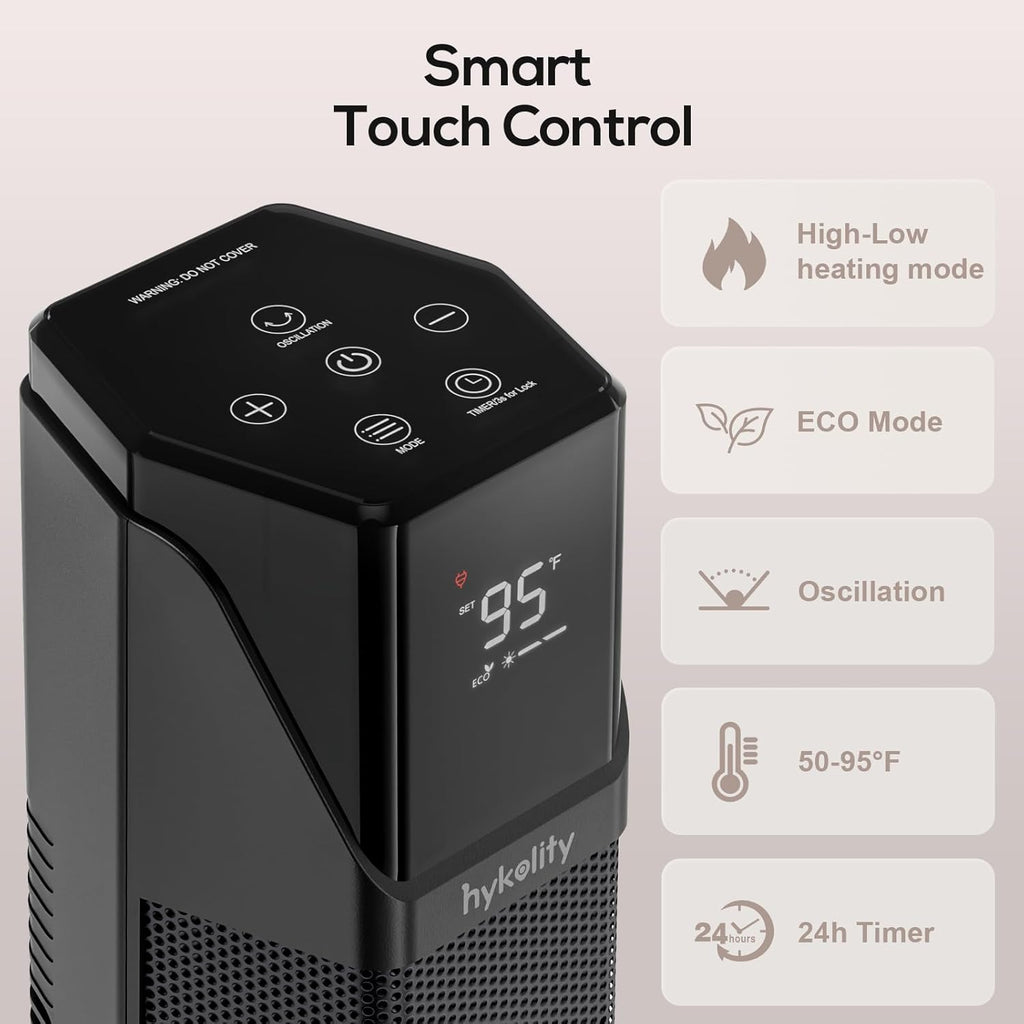 Hykolity Space Heater Large Room, 30" Electric Heaters for Indoor Use with Thermostat and Remote,70° Oscillation, 24H Timer, 1500W Fast Heating Portable Heaters for Office, Bedroom, Home - Black