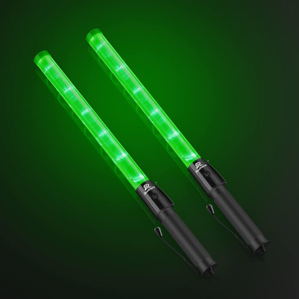 RoadHero 2 Pack 21 Inch Traffic Wands, Green Led Traffic Control Baton, Night Safety Light Wand with 2 Flashing Modes, Air Marshaling Signal Wand with Side Clip for Airport, Parking, Car Directing