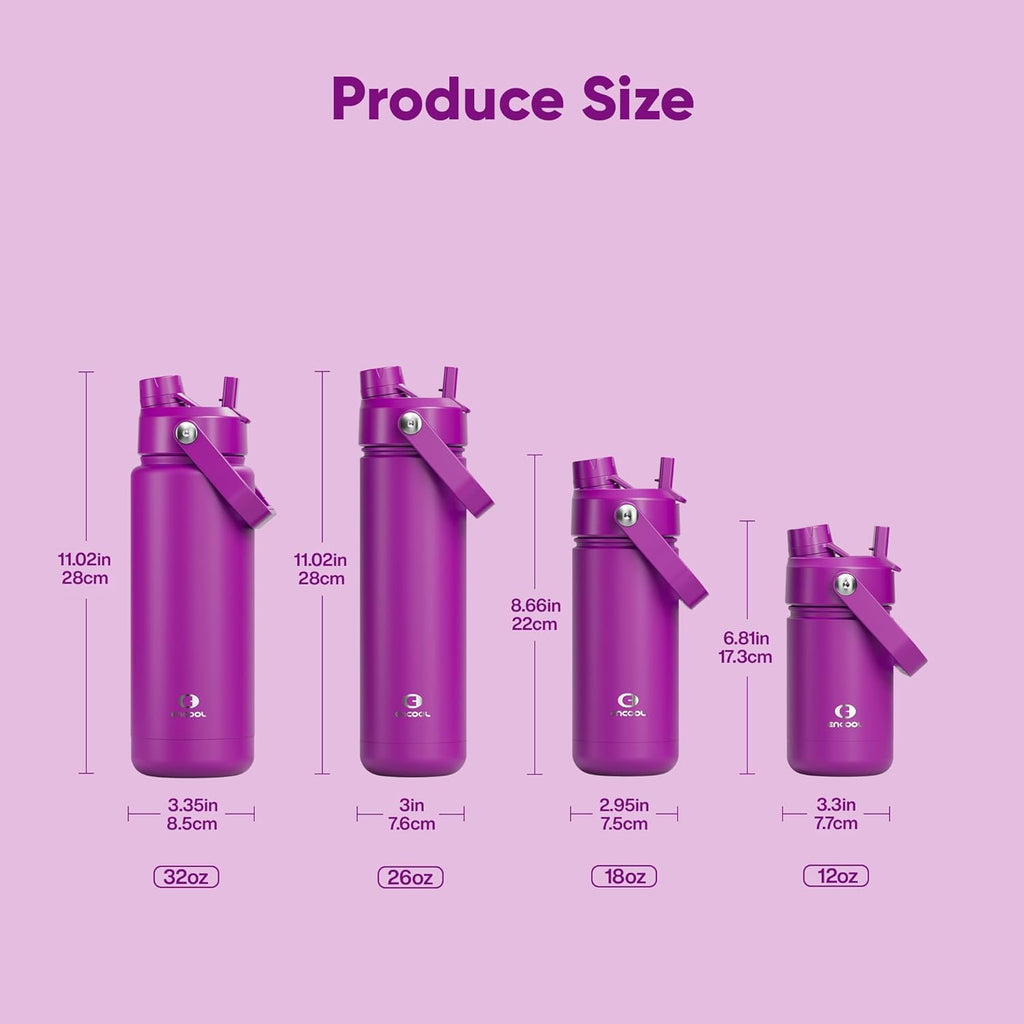 ENCOOL Insulated Water Bottle with Straw Stainless Steel Water Bottle, Leak-Proof, BPA-Free, Double Wall Vacuum Keeps Cold for 24 Hours for Sports, Travel, School (18 oz, Bright Magenta)