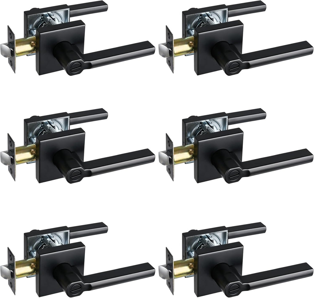 Privacy Door Lever, Heavy Duty Bathroom Bedroom Handle Lock, Keyless Interior Knobs, Matte Black, Reversible for Right&Left Handed, 6Packs