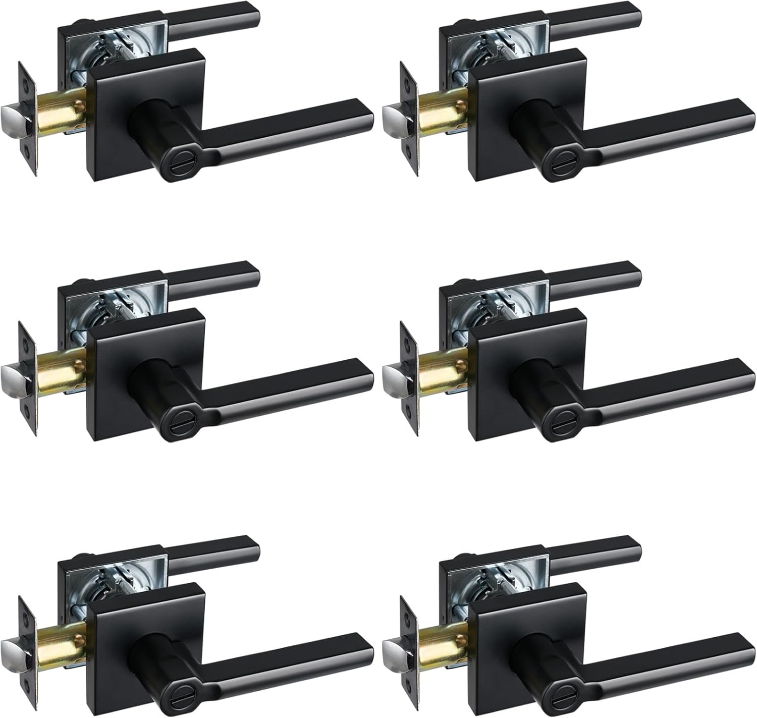 Privacy Door Lever, Heavy Duty Bathroom Bedroom Handle Lock, Keyless Interior Knobs, Matte Black, Reversible for Right&Left Handed, 6Packs
