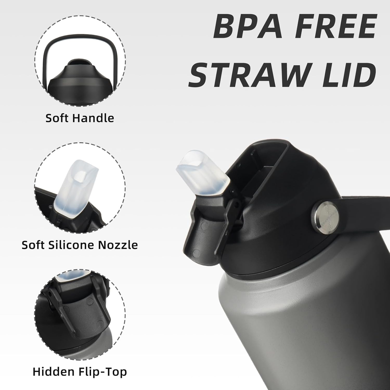 BJPKPK Water Bottle with Straw Lid, 32oz Vacuum Insulated Water Bottles, Metal Stainless Steel Thermo for Sports, Travel, BPA Free Leak Proof Thermo, Cups, Flasks, Tumblers,Black Grey