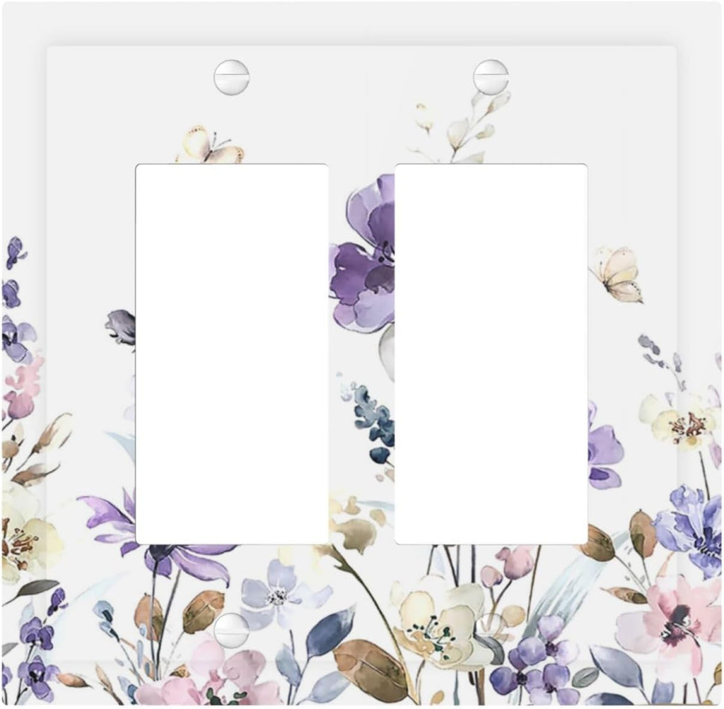 Decorative Outlet Covers Purple Floral Lilac Watercolor Flower Leaves Butterfly Wildflower 2 Gang Double GFCI Rocker Electrical Wall Panels Light Switch Cover Plate for Bedroom Home Decor
