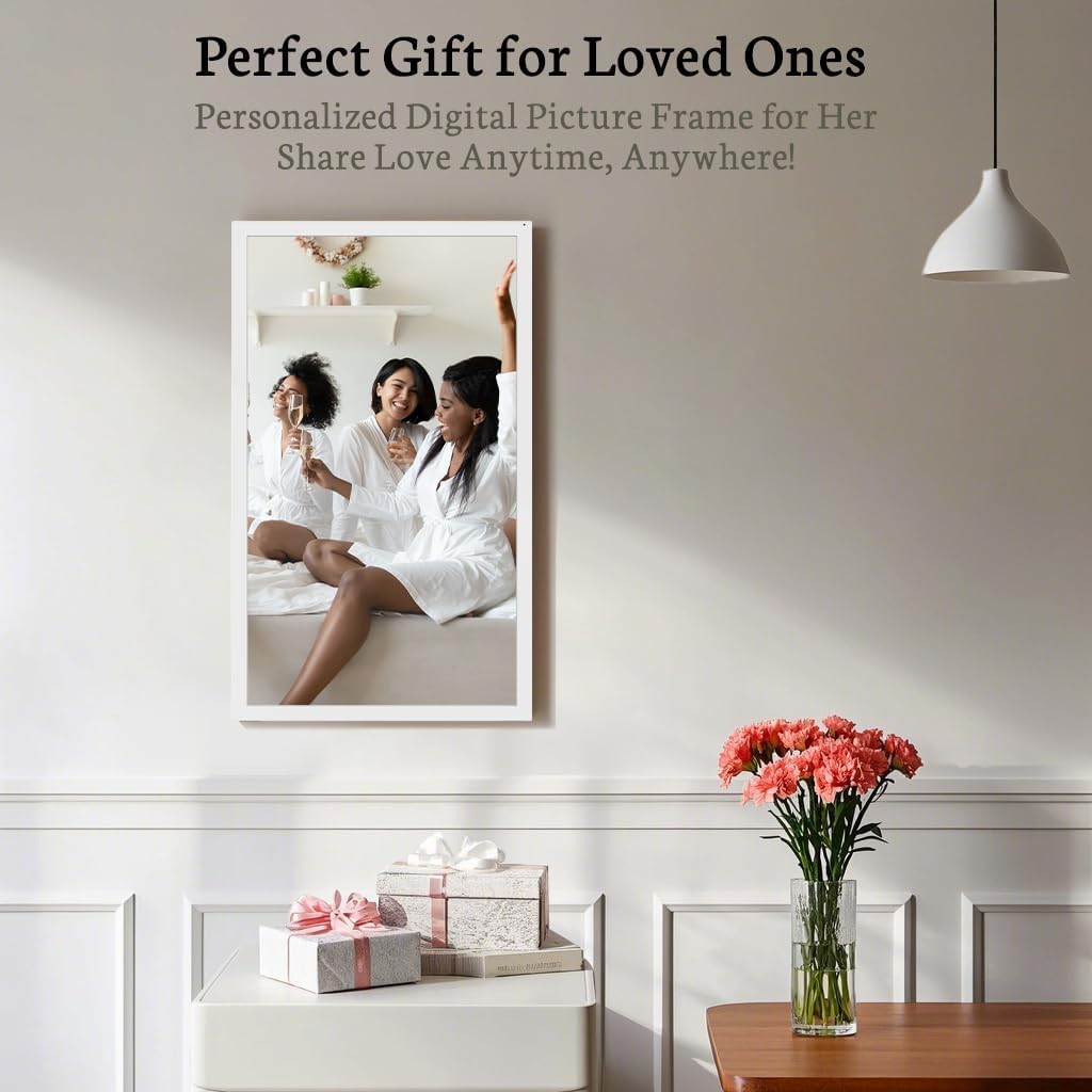 BSIMB Large Digital Picture Frame 32 Inch, 64GB 1920x1080 FHD WiFi Digital Photo Frame Electronic Display, Wall Mount Included, Share Pictures/Videos via App Easy Setup Gifts for Mom(Non-Touch), White