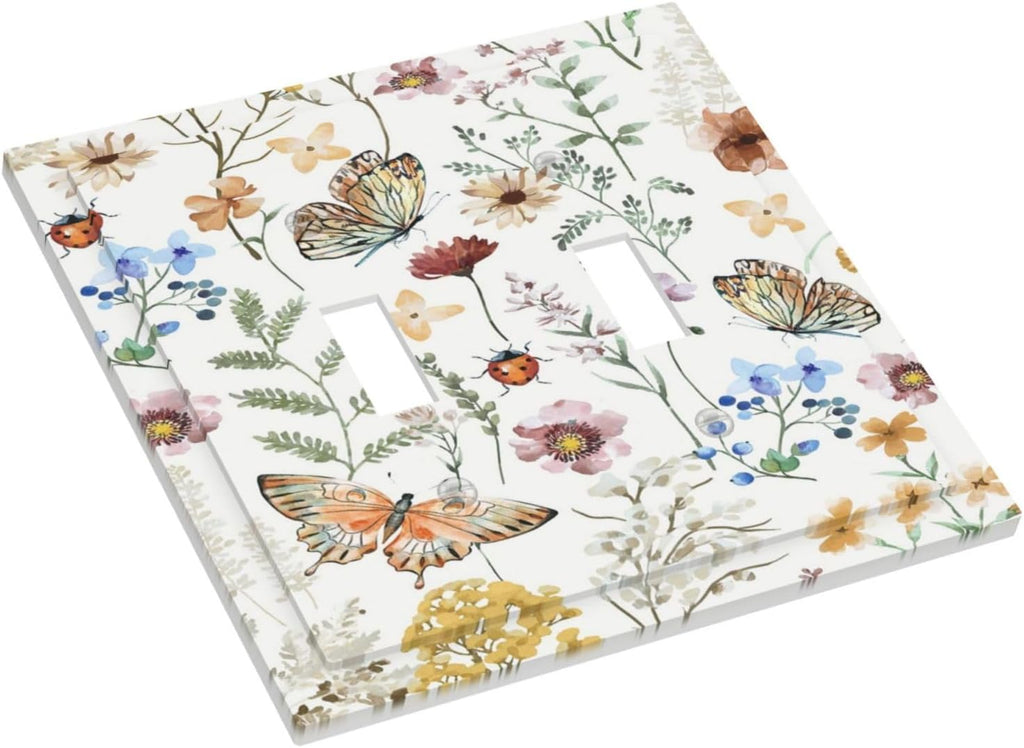 Decorative Light Switch Cover Boho White Background Butterfly Rustic Flower Double Toggle Personalized Wall Plate Switchplate 2 Gang Switchcovers Decora Light Switch Plate