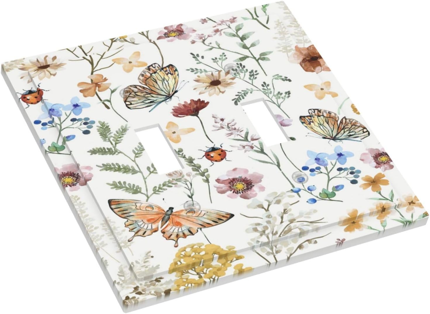 Decorative Light Switch Cover Boho White Background Butterfly Rustic Flower Double Toggle Personalized Wall Plate Switchplate 2 Gang Switchcovers Decora Light Switch Plate